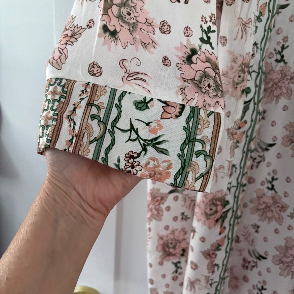 Rebellion Floral Kimono Duster Cardigan Pink Green Long Sleeve Open Front L - Picture 8 of 12